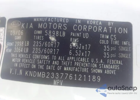 2007 Kia Sedona Ex z USA, uszkodzony, nr VIN KNDMB233776121189